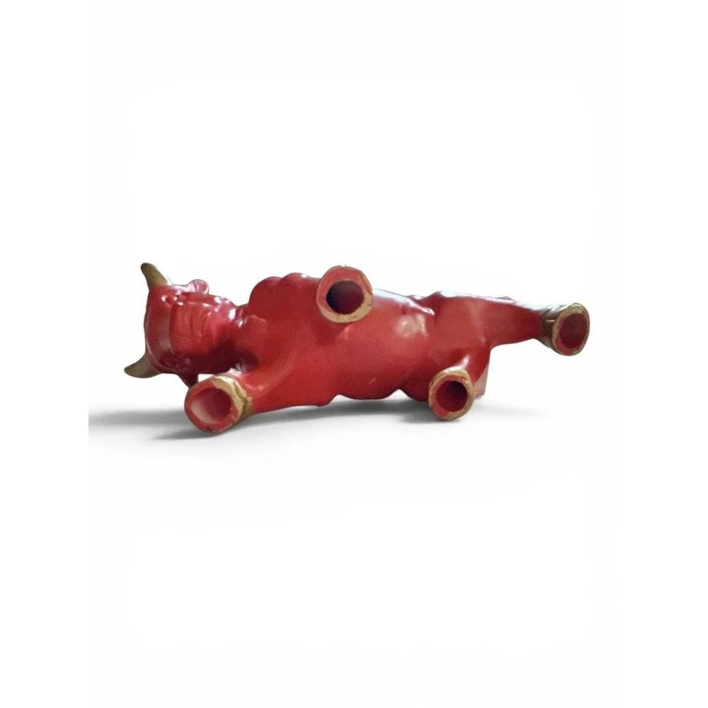 Vintage 1960s Red Ceramic Bull Figurine Mid Century Modern Gold Accents